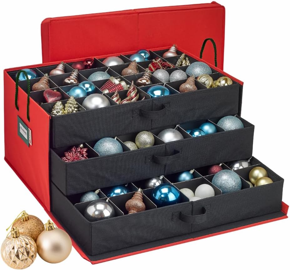 HOLDN’ STORAGE Christmas Ornament Storage Box with Dividers, Holds Up to 72 Ornaments (4 Inches), Large Organizer with 3 Stackable Trays - Red