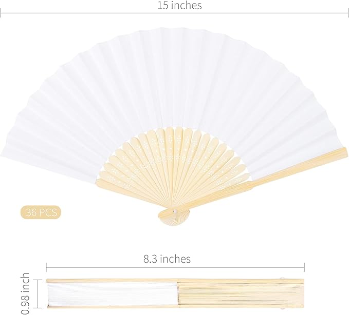 Aneco 36 Pieces Handheld Paper Fans Paper Folding Fans with Bamboos for Wedding Gift, Party, Home, DIY, White