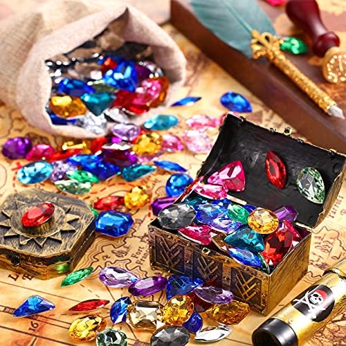 100 Pieces Toy Gems Pirate Treasure Jewels Fake Acrylic Gems Multicolor Bling Diamonds Plastic Gemstones with a Drawstring Bag for Party Table Decorations Sensory Bin Filler Pirate Party Favors