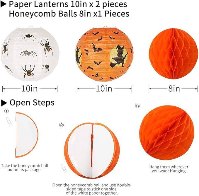 Halloween Party Decorations, Hanging Spider Bat Paper Lanterns Spiders Honeycomb for Halloween Home Decor Birthday Party Supplies Props (Orange, Black)