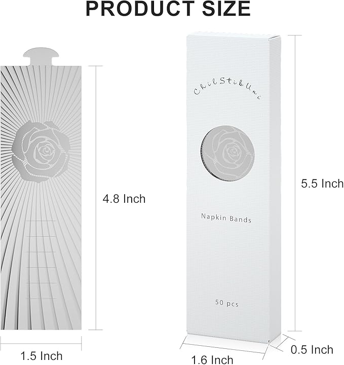 Polymer Material Reusable Napkin Band, Glue-Free Tear-Proof Water Resistant Oil-Proof Napkin Bands Set of 50(Front Silver Rose and Back Silver Color), 6 Adjustable Sizes Napkin Rings