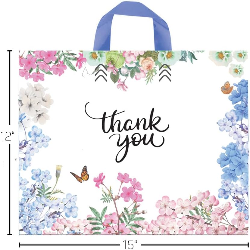 Purple Q Crafts Thank You Bags With Soft Loop Handle for Business Retail, Boutique Bulk 50 Pack 15" W x 12" H Floral Plastic Shopping Bags/Gift Bags Perfect For Mothers Day