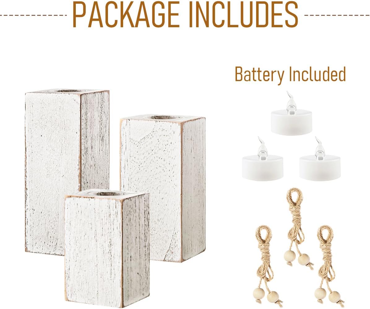 MelonBoat Rustic Flameless LED Candles 3-Pack, Battery Operated Candles with Wooden Candle Holders, White Rustic Farmhouse Decor, Farmhouse Candle Holder for Valentines Holiday Party Home Decor