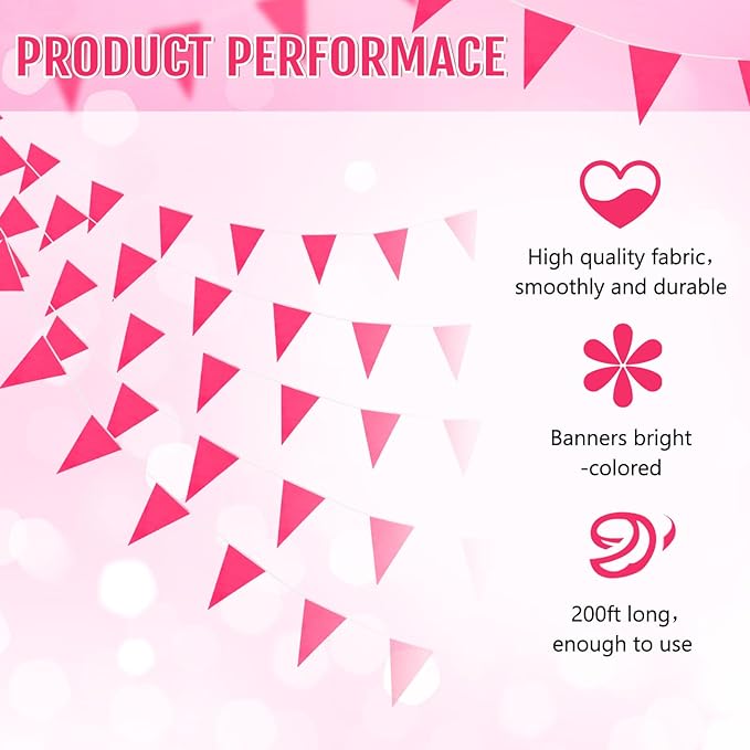 Tatuo 200 Feet Solid Pennant Banners Flags String Triangle Hanging DIY Bunting Flags Party Decorations for Grand Opening Party Banners for Kids Birthday, Shops (Pink)