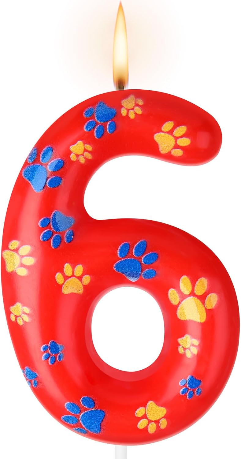 Conelist Number 6 Dog Paw Birthday Candles Dog Toppers Candles Blue Yellow and Red Numeral Birthday Cake Topper for 6 Year Old Boy Girl Paw Party Decoration Party Supplies