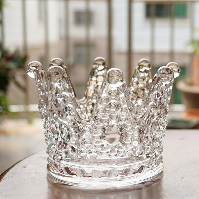 Crystal Crown Glass Candlestick, Multi-Use Glass Holder for Aromatherapy Candles, Jewelry Storage, Beauty Blender Organizer & Table Ashtray