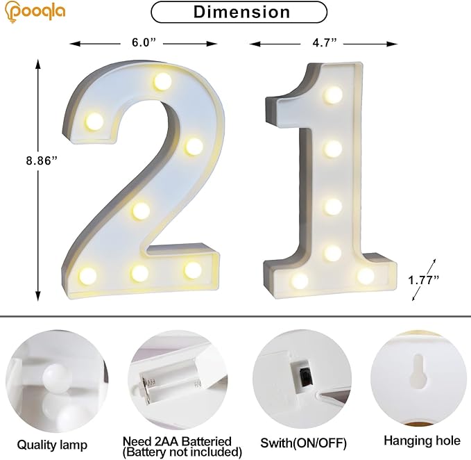 Pooqla 21st Birthday Decorations for Her Him, 35 Colors LED Light Up Numbers with Remote, Multicolor Marquee Numbers 21 Sign for Party Wedding Anniversary Decor 21st Birthday Gift, Number 21