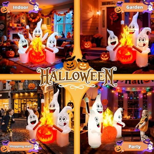 6 ft halloween inflatable ghosts roasting marshmallows, side view