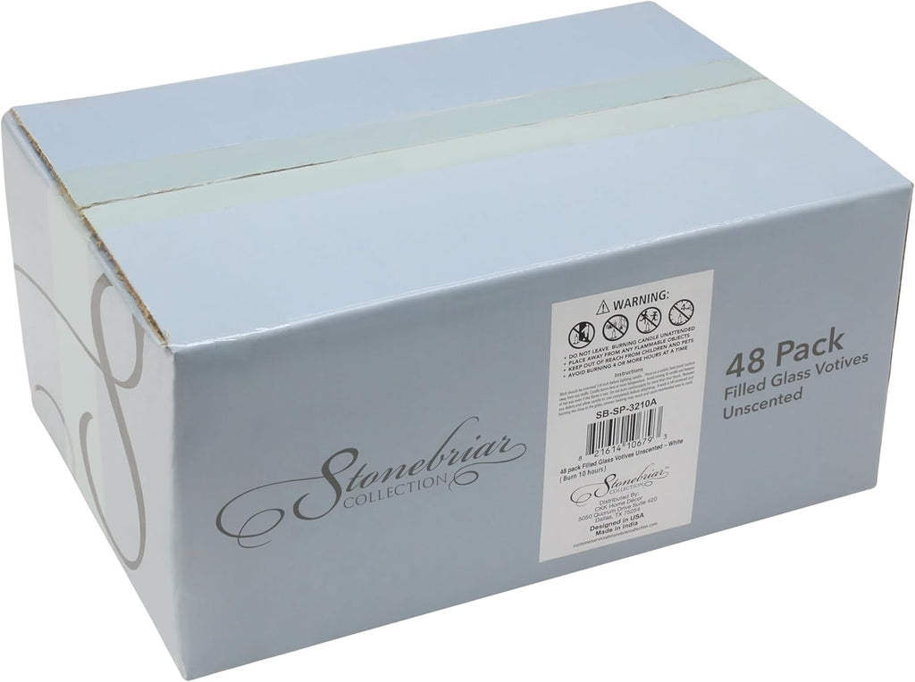 Stonebriar 12 Hour Long Burning Unscented Wax Filled Votive Holders, 48 Pack, White