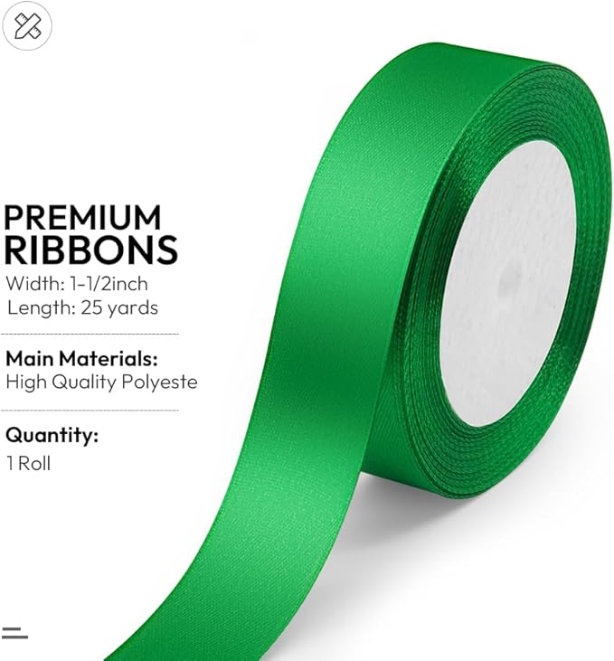 KMER LIFE Green Ribbon 1 Inches x 25 Yards Satin Ribbons Perfect for Halloween, Wreath, Corset, Floral, Floral Arrangement, Christmas, Wedding Party Decoration, Bow Making & Other Projects