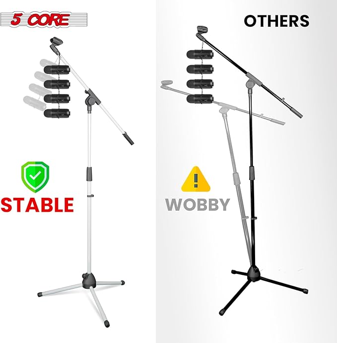 5 Core Tripod Mic Stand Floor Adjustable 18 to 72 Inches Sturdy Boom Arm Holder Microphone Stands Pedestal Para Microfono for Singing - MS 080 WH