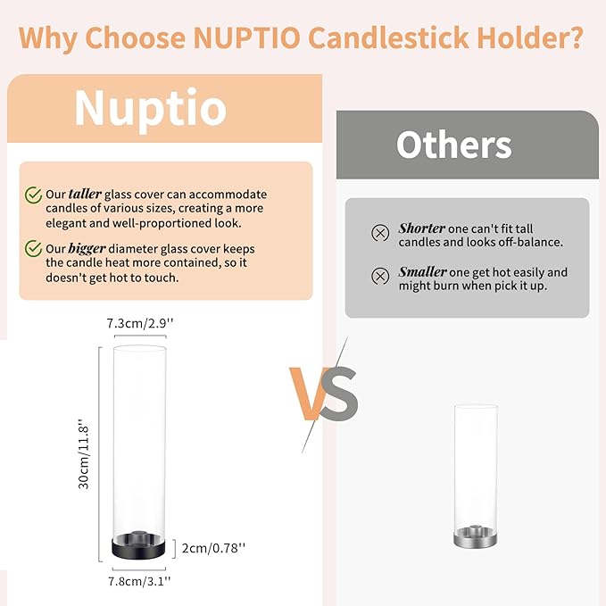NUPTIO Hurricane Glass Candle Holders: 2 Pcs Black Candlestick Tapers Holder with 11.81 inch Tall Clear Cylinder Cover Metal Candle Sticks Stand for Wedding Christmas Thanksgiving Halloween Decor