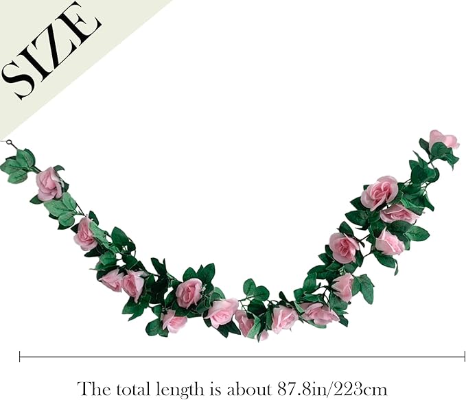 2 Pack Artificial Rose Vine Garland Fake Roses Flowers Plants Vines Hanging Floral Leaves Decoration for Wedding Party Table Garden Arch Wall Home Room Decor(Pink)