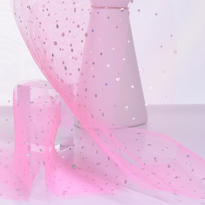 Glitter Tulle Rolls, 6' by 50 Yards (150FT) Sequin Tulle Netting Fabric for Tutu Skirts Sewing Birthday Wedding Party Decoration (Pink)
