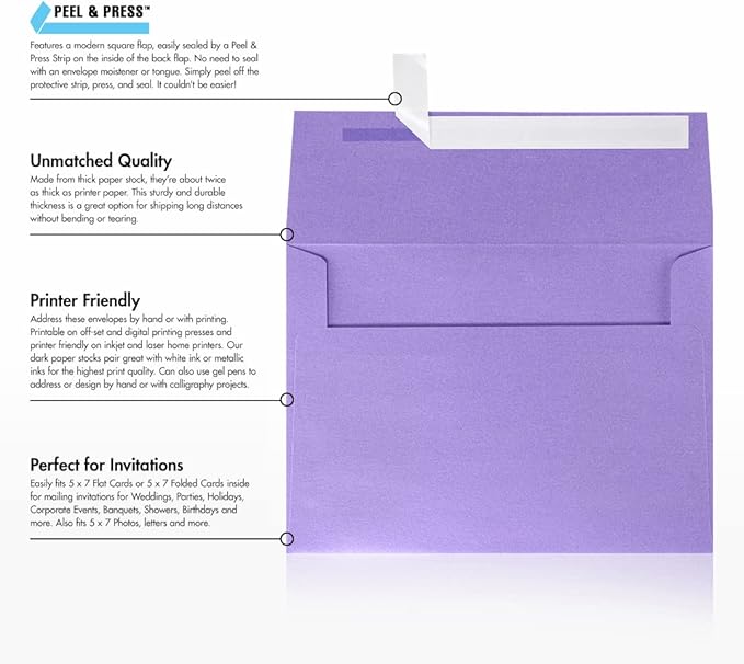 LUXPaper A7 Invitation Envelopes | Peel & Press | 5 1/4" x 7 1/4" | Amethyst Metallic | 80lb. Text | 250 Qty