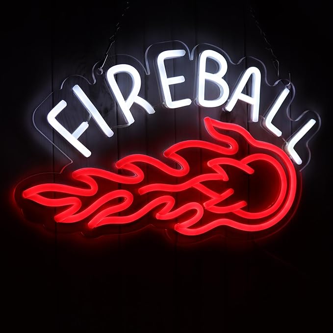 Neon Sign, LED Neon Light Sign 17x10， USB Powered Decorative Bar Open Sign for Home Bar Store Party Decor，FIREBALL Whiskey Neon Lights for Man Cave