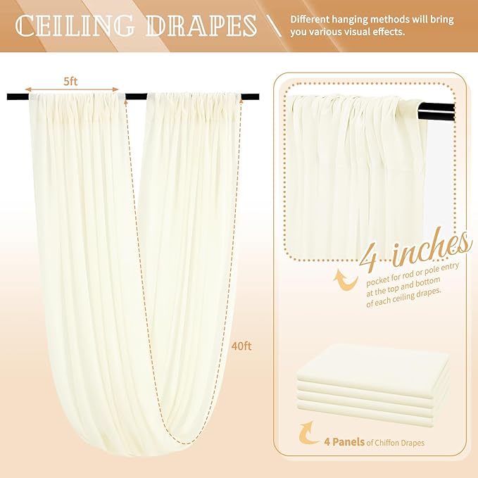 4 Panels Ivory Ceiling Drapes for Wedding 5ftx40ft Sheer Drapery Chiffon Fabric Arch Draping Curtains for Party Ceremony Birthday Baby Shower Reception Stage Ceiling Decorations