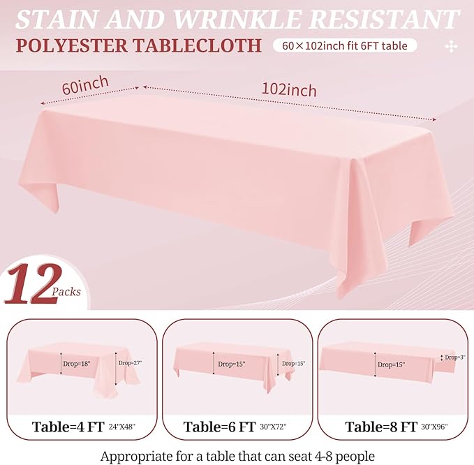 12 Pack Pink Tablecloths for Rectangle Tables 60 x 102 Inch Pink Polyester Tablecloth 6 Foot Rectangle Table Cloth Washable Fabric Table Cover for Party Wedding Banquet Restaurant Events