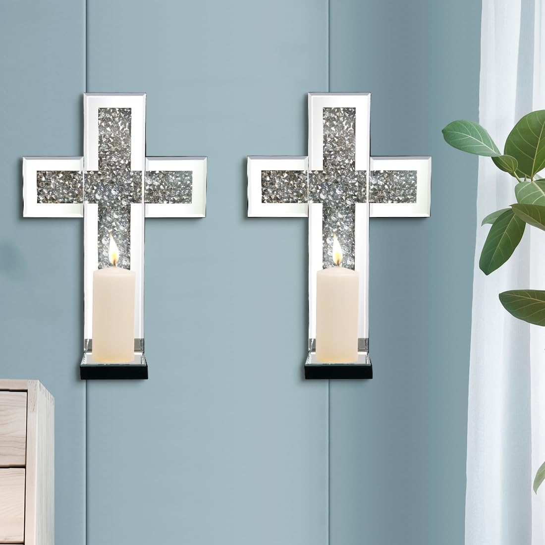 Aeveco Crystal Crush Diamond Mirrored Candle Sconces, Silver Wall Candle Holder Set of 2, Wall Decoration for Living Room，Dining Room (Silver Cross)