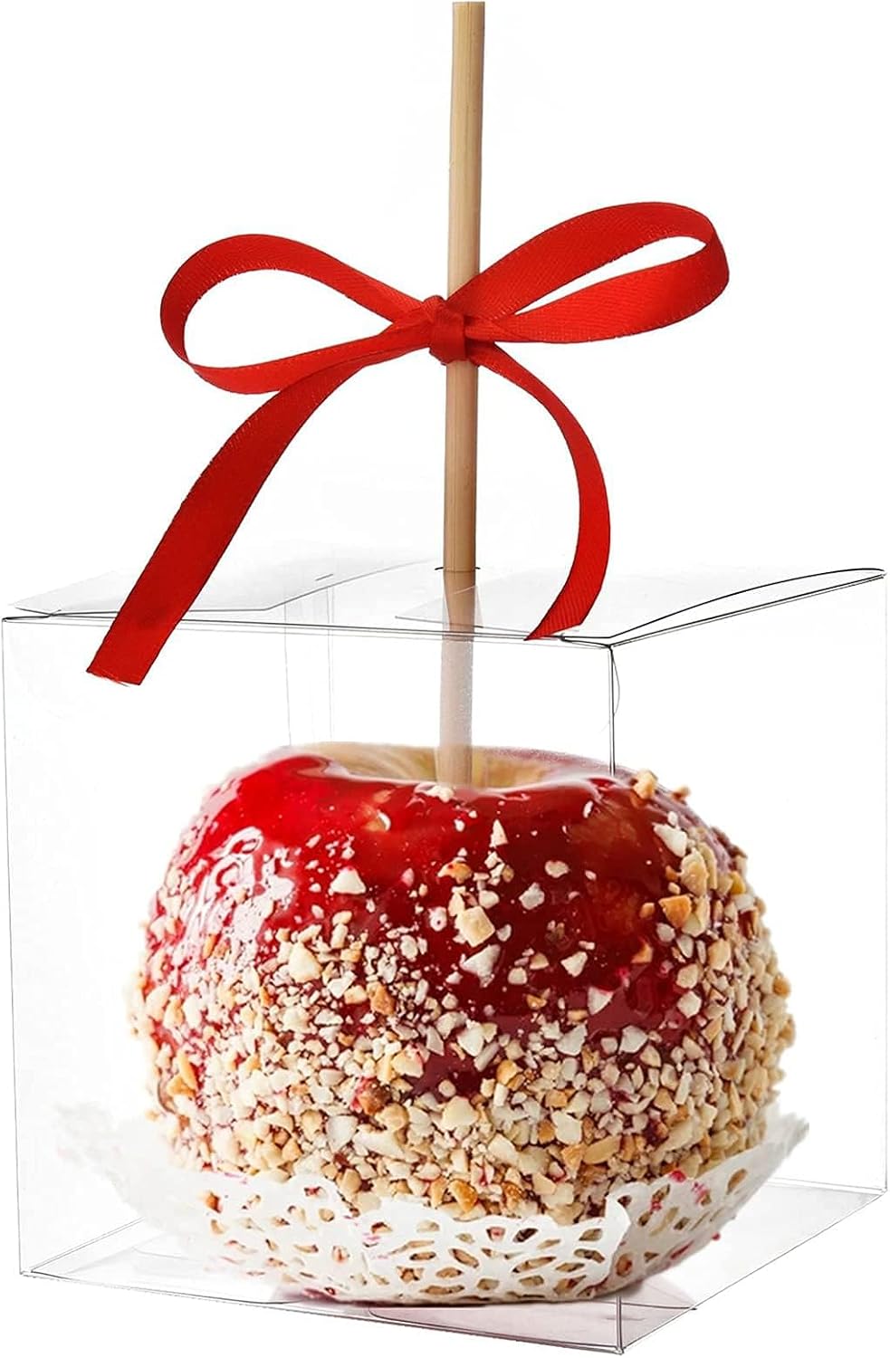 JOERSH 4"x 4"x 4" Candy Apple Boxes with Hole and Paper Doilies, 60 Sets | Clear Caramel Apples Boxes, Food Grade PET Plastic, For Standard and Large Apples, Chocolates, Treats