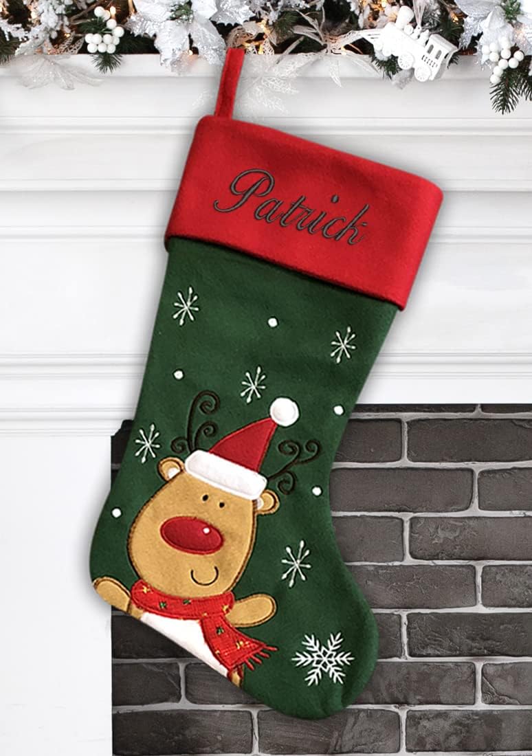 Personalized Christmas Stocking - Snowman Design - Embroidered Name - Large 18.5inch, Traditional Red and Green, Family Holiday Season Decor