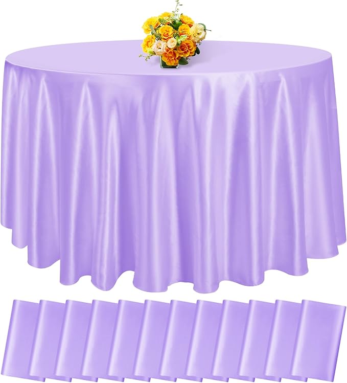 fani 12 Pack 120 Inch Lavender Satin Tablecloth - Silky Round Tablecloth Overlay Smooth Fabric Table Cover, Bright Table Decoration for Wedding Party Banquet Events Restaurant Kitchen Dining