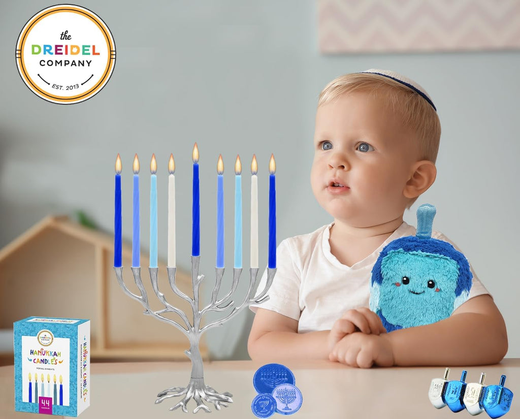The Dreidel Company Hanukkah Candles Premium Pastel Blue & White Deluxe Tapered Hand Decorated Candles (Single)
