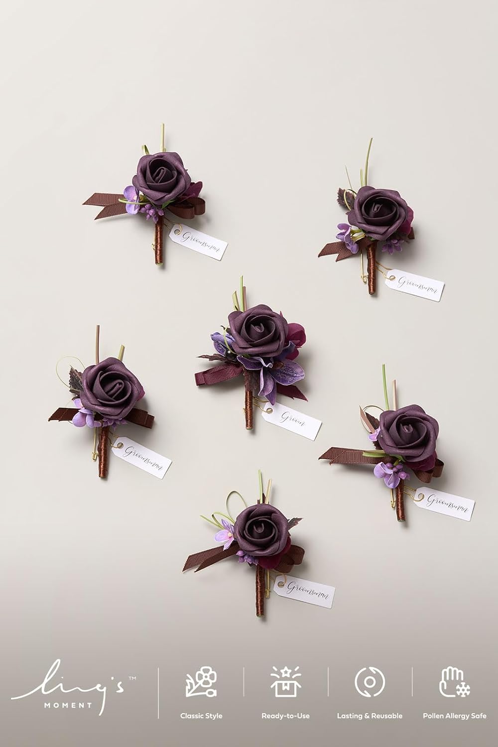 Ling's moment Wedding Artificial Flowers Package, Bridal Bouquet, Bridesmaid Bouquets, Boutonniere for Men, Rose Petals.Plum Lily Grape