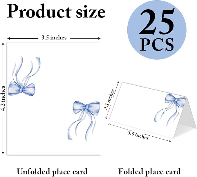 25 Pack Blue Bow Place Cards, Editable Name Cards for Table Setting, Watercolor Tent Cards Food Label for Dinner Party, Bridal Shower, Wedding, Baby Shower and Events -T32
