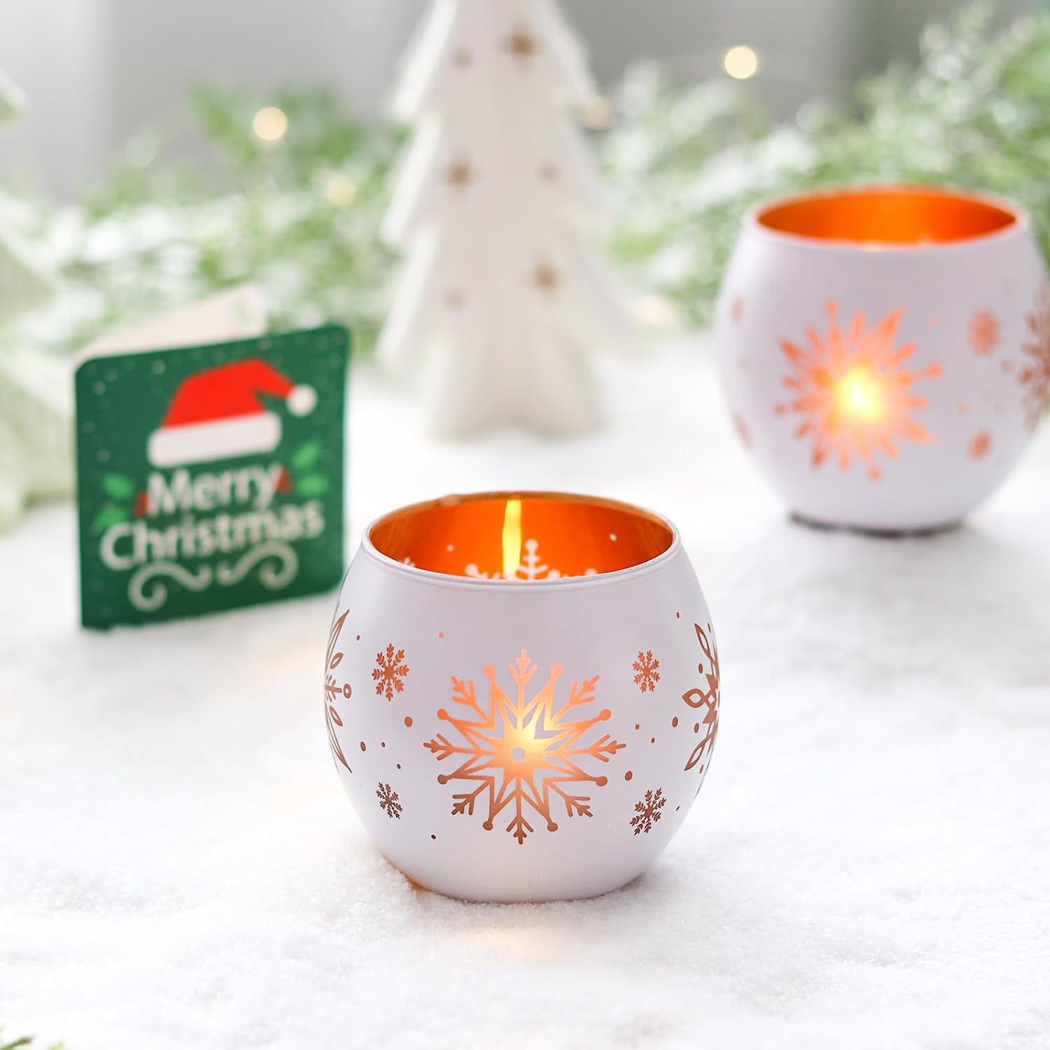 Snowflake Christmas Candle Holders Set of 4, Gold & White Glass Tealight Votive Holders for Winter Decor, Xmas Table Centerpieces, Indoor Christmas Decorations, Ideal
