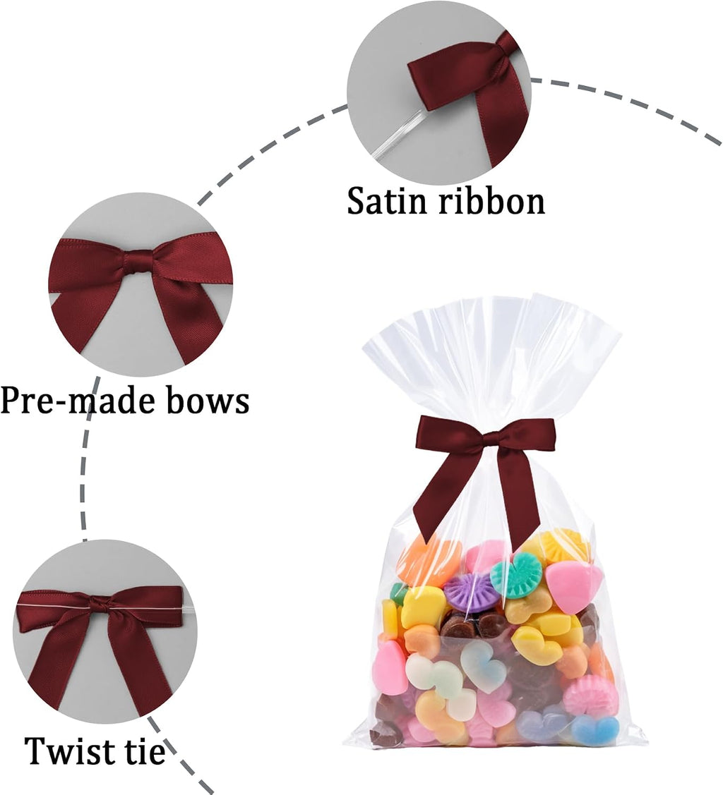 Satin Ribbon Bows for Gift Wrapping - 2.5 Inch Premade Bows with Twist Ties for Treat Bags, Birthday, Baby Shower, Wedding & Party Decorations - 50 Count (Burgundy)
