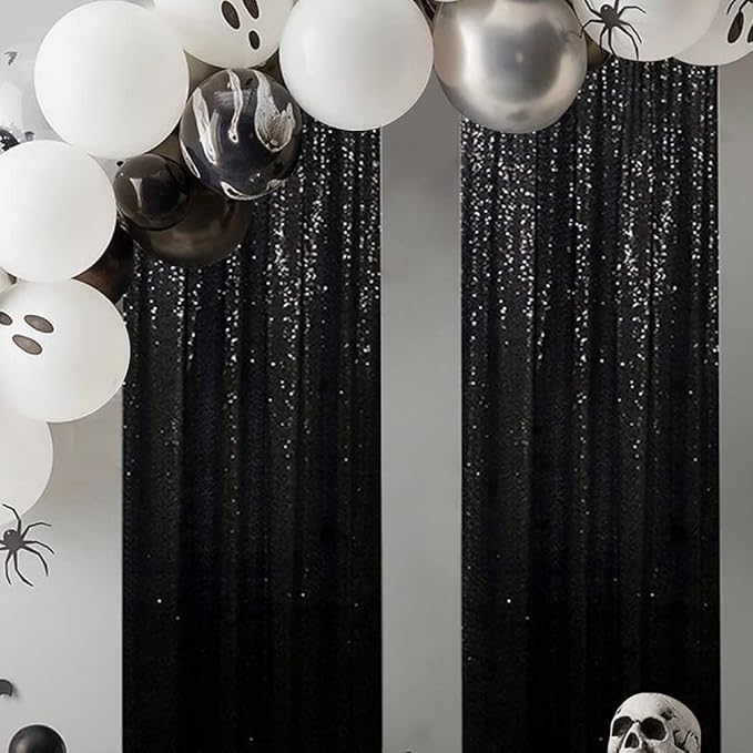 Poise3EHome Black Sequin Backdrop Curtains, 2 Panels 2FTx8FT Glitter Photo Booth Backdrop for Halloween Birthday Bachelorette Wednesday Twilight Party Decorations