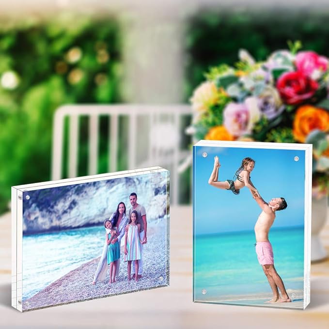 HELPLEX Acrylic Frames, 2 Pack 8x10, 24mm Thicker Frameless Clear Frame, Double Sided Magnetic, Free Standing Desktop Display