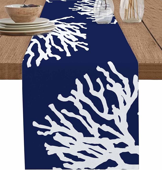 Coastal Coral Cotton Linen Table Runner for Dining Kitchen, Wedding Outdoor Party Tablerunners Decoration, Navy Blue Nautical Ocean Beach Dresser Scarf Coffee Tablecloth Runners 13x48 Inches