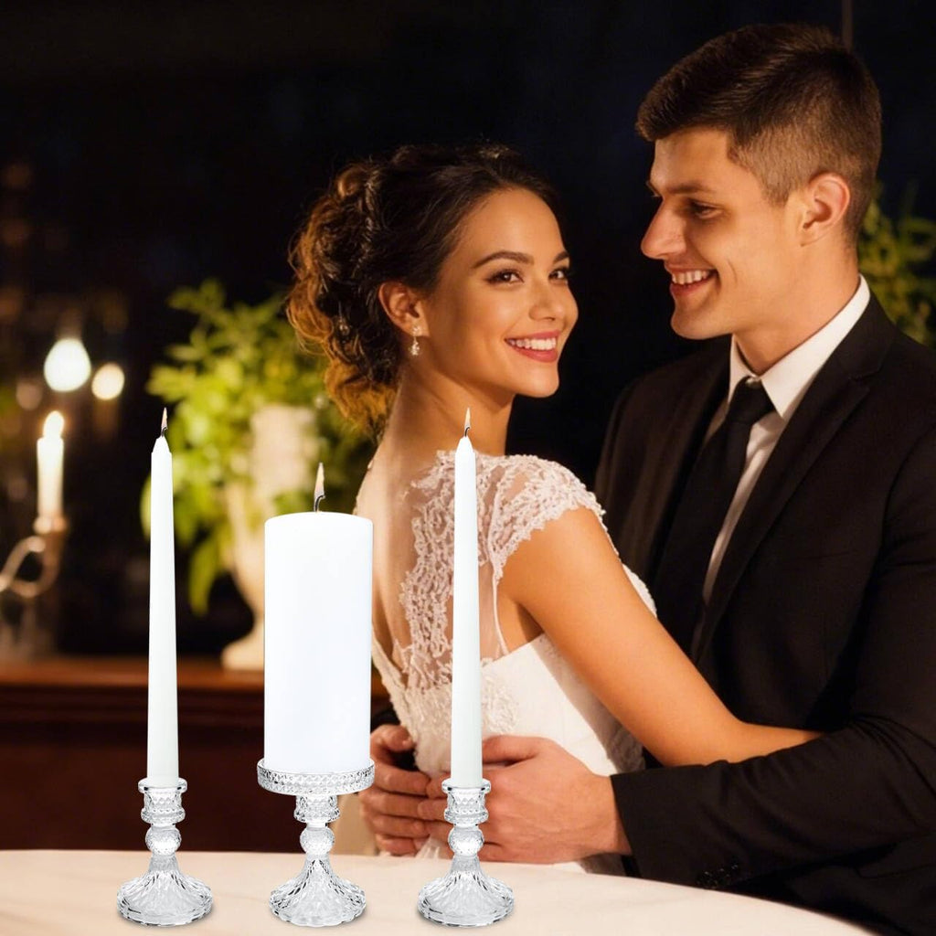 Unity Candle Holder - Glass Candle Holders for Pillar Candles Taper Candles, Glass Candlestick Holders Set of 3, Decorative Clear Glass Candlestick Holder for Wedding Table Dinning Church Centerpiece