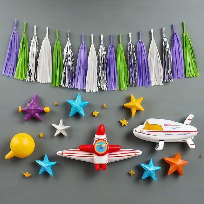 Tissue Paper Tassel Garland Banner, Purple Green Silver White, 20 PCS, Party Decorations for Birthday, Cartoon Themed Baby Shower,Sprot Game,Graduation