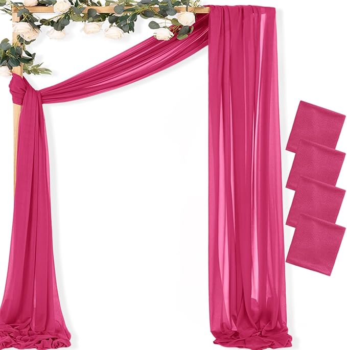 MLMC Hot Pink Wedding Arch Draping Fabric 4 Panels 29" x 20 FT Extra Long Gauze Drapes Sheer Backdrop Curtains 6.6 Yards Outdoor Drapery Panels for Wedding Ceremony Party Ceiling Decoration