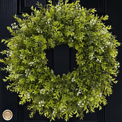 28'' large boxwood wreath for front door porch, front angle view