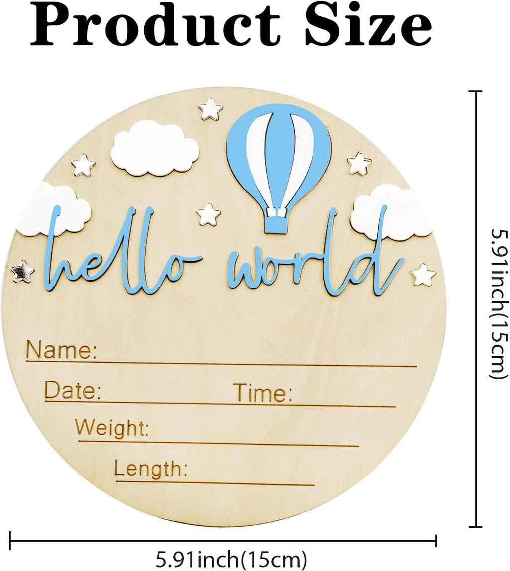 Baby Announcement Sign, 5.9 Inch Wooden Hello World Newborn Signs, Birth Announcement Sign and Pen, Hot Air Balloon and White Cloud Decoration, Welcome Newborn Arrival to World (Blue)
