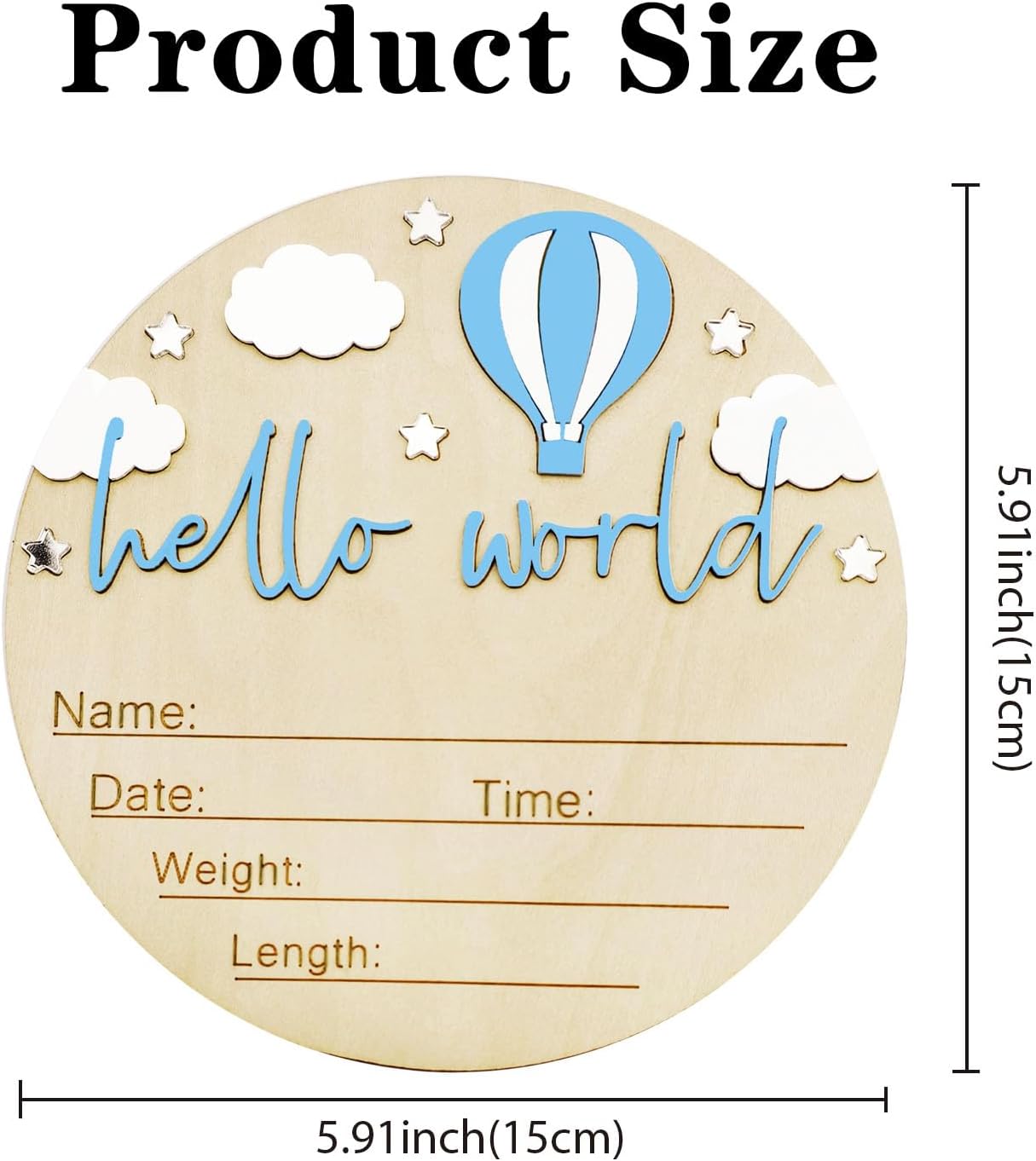 Baby Announcement Sign, 5.9 Inch Wooden Hello World Newborn Signs, Birth Announcement Sign and Pen, Hot Air Balloon and White Cloud Decoration, Welcome Newborn Arrival to World (Blue)