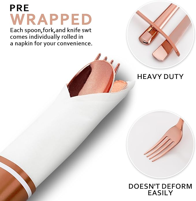 400PCS Pre Rolled Rose Gold Plastic Silverware Sets - Heavy Duty Rose Gold Cutlery - Include 100 Pack Wrapped Disposable Utensils with Napkins for Parties & Dinners & Weddings