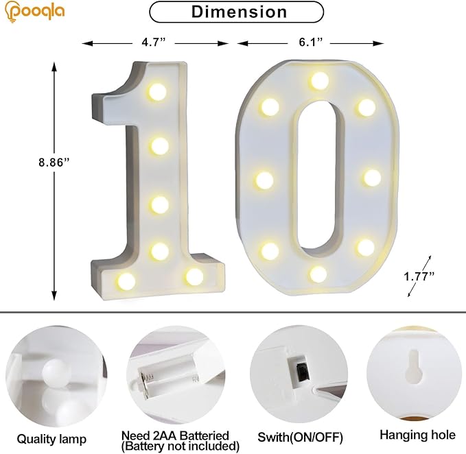 Pooqla 10th Birthday Decorations for Girls Boys, 35 Colors LED Light Up Numbers with Remote, Multicolor Marquee Numbers 10 Sign for Party Wedding Anniversary Decor 10th Birthday Gift, Number 10