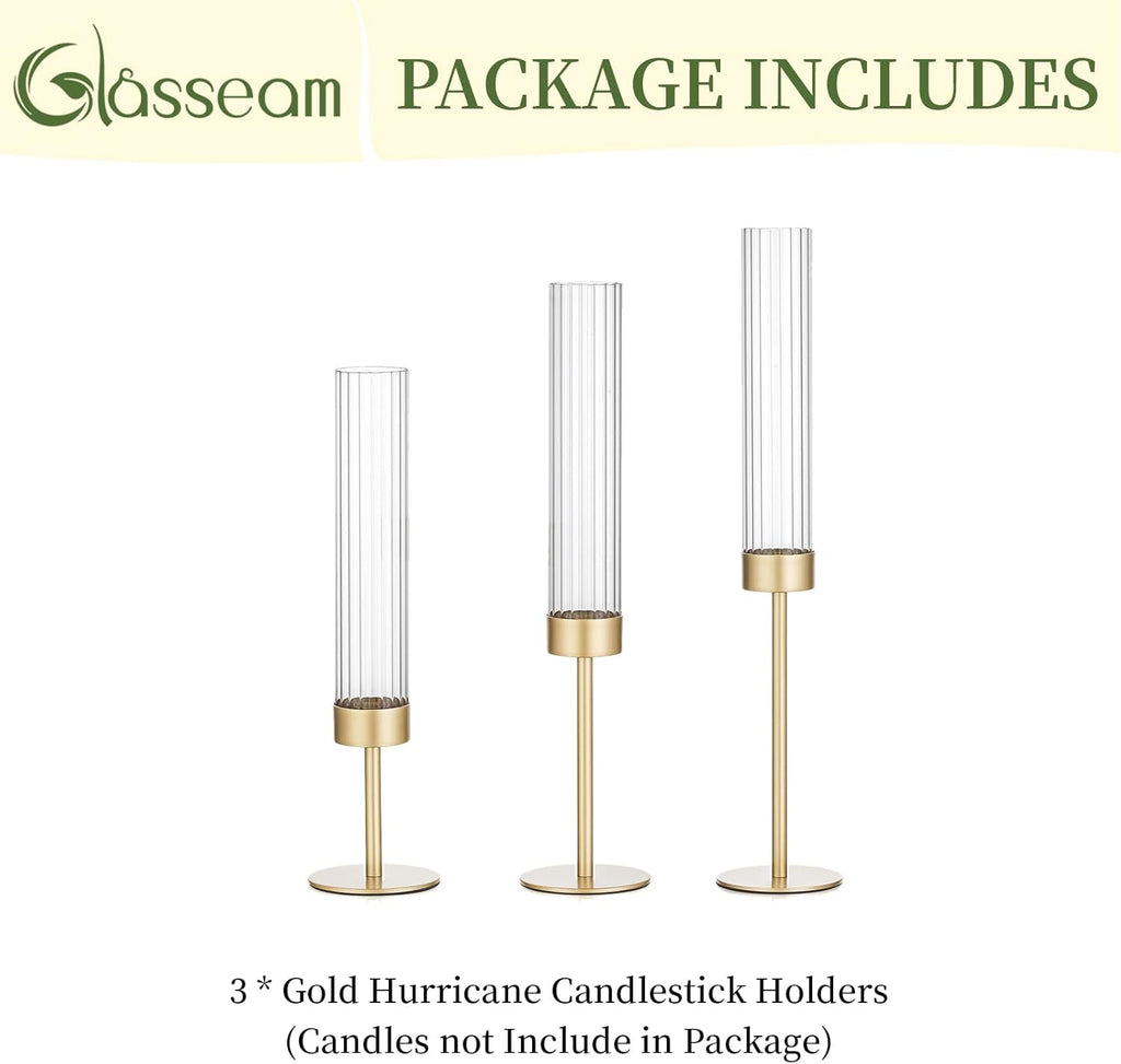 Gold Hurricane Taper Candle Holders: Glasseam 3Pcs Brass Candlestick Holders with Ribbed Glass Cylinder Cover Fluted Tall Candle Sticks Holder Decor for Table Centerpiece Wedding Christmas Decorations
