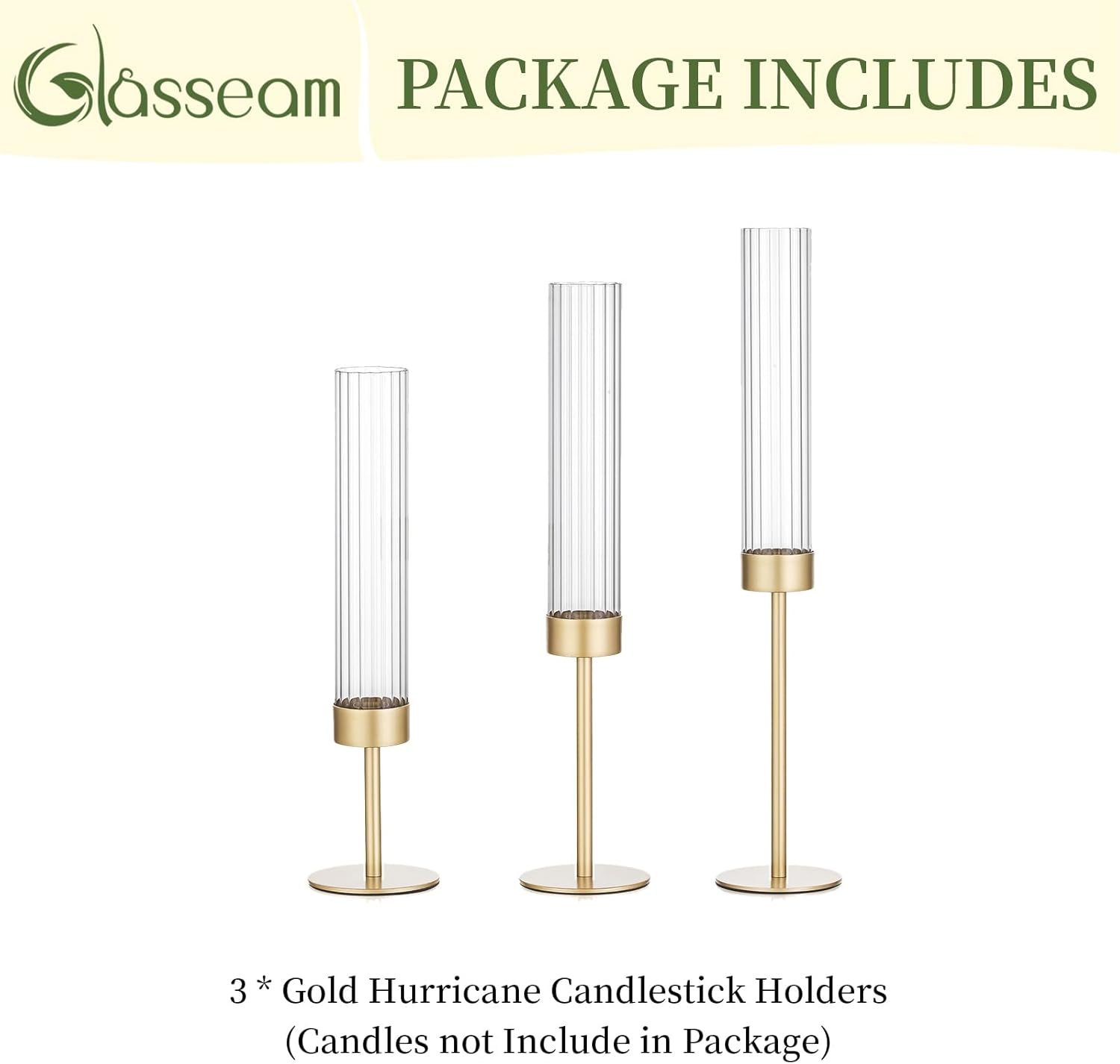 Gold Hurricane Taper Candle Holders: Glasseam 3Pcs Brass Candlestick Holders with Ribbed Glass Cylinder Cover Fluted Tall Candle Sticks Holder Decor for Table Centerpiece Wedding Christmas Decorations