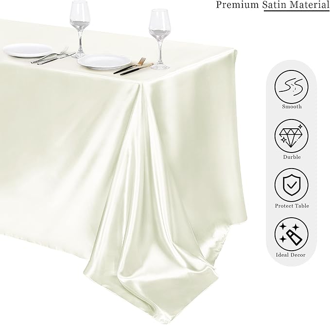 TURSTIN 4 Packs Satin Tablecloth 102 x 58 Inch Overlay Satin Table Cover Rectangle Bright Silk Tablecloth Smooth Fabric Table Decoration for Wedding Banquet Party Events, Ivory