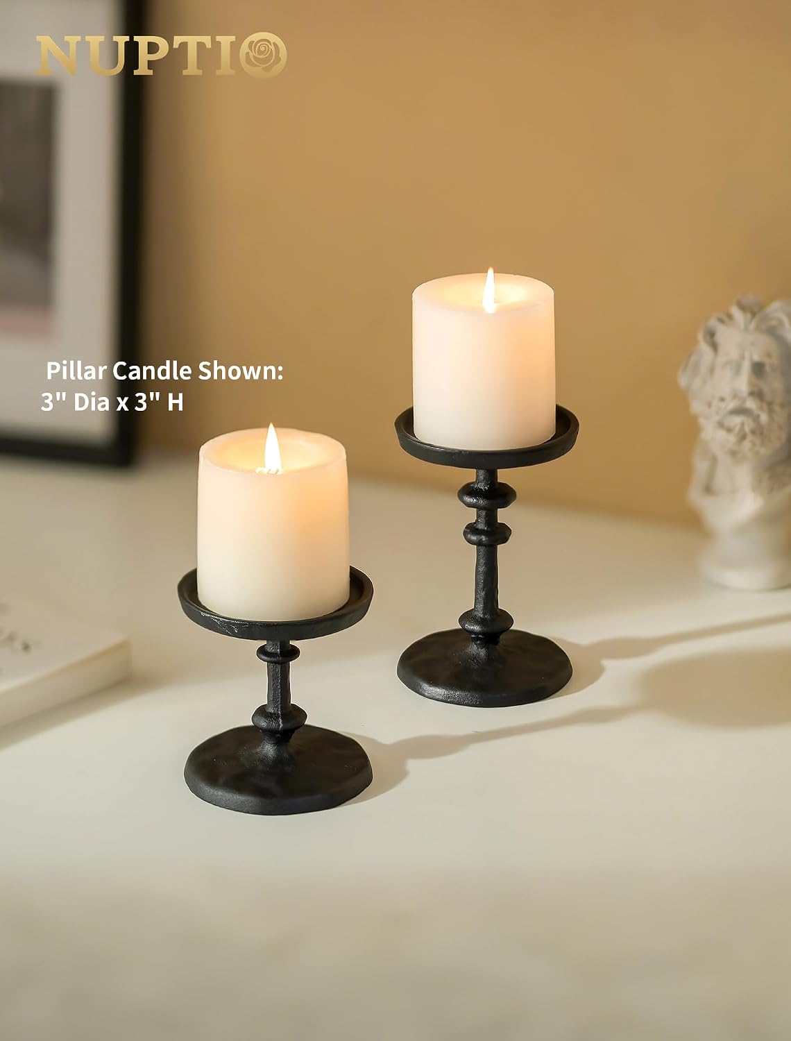 NUPTIO Pillar Candle Holder Black: Solid Cast Iron Candle Stand