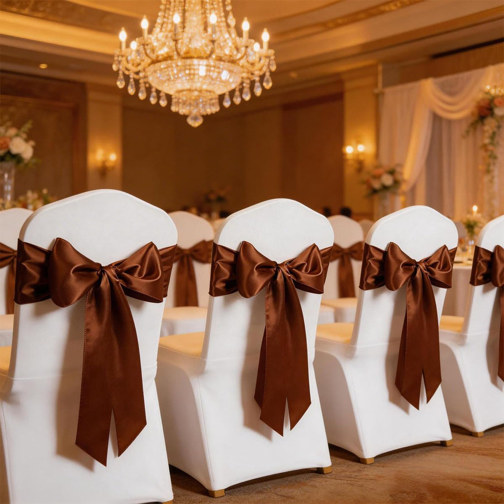 Brown Chair Sashes 50 Pack, Chocolate Satin Chairs Bows Ribbons for Party Wedding, Universal Ties Knots for Folding Chairs Decor