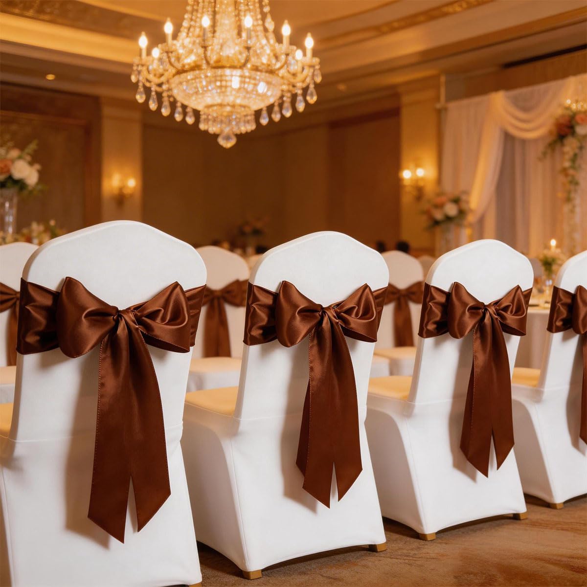 Brown Chair Sashes 50 Pack, Chocolate Satin Chairs Bows Ribbons for Party Wedding, Universal Ties Knots for Folding Chairs Decor