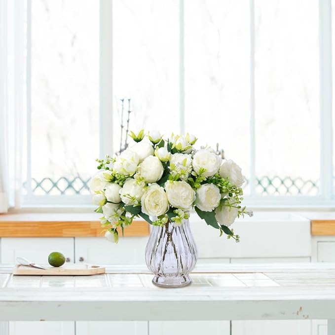 Artificial Peonies Silk Flowers in Glass Vase Faux Flowers Bouquets Modern Penoy Arrangement 4 Pack for Home Decoration Table Centerpiece (White)