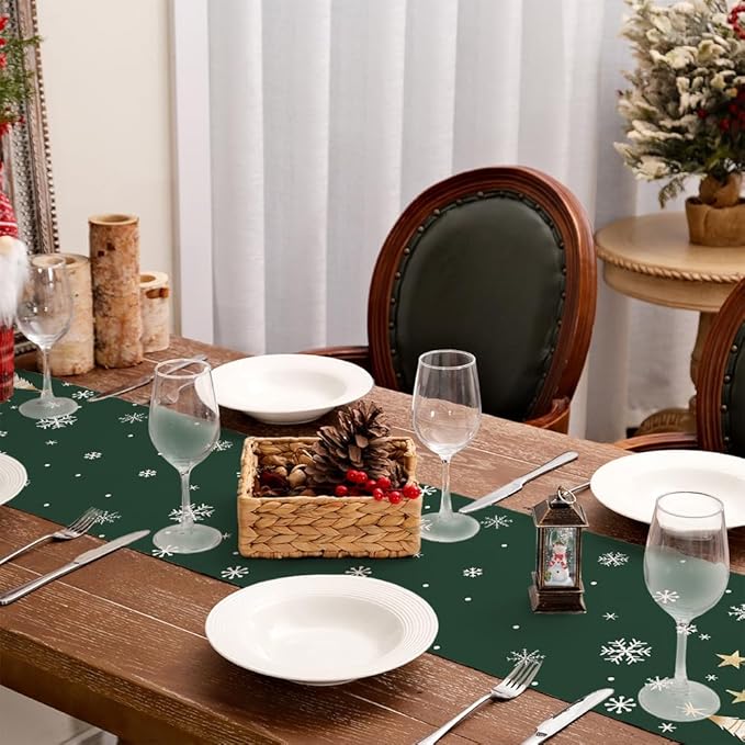 GEEORY Christmas Table Runner 13x60 Inch, Xmas Trees Snowflakes Holiday Decorative Farmhouse Table Decoration for Kitchen Dinning, Indoor Outdoor Dinner Party Decor (Green) GT152-60